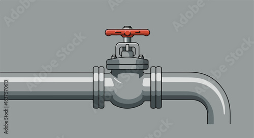 Pipe system with valve. Gray metal tube with a red valve against a gray backdrop