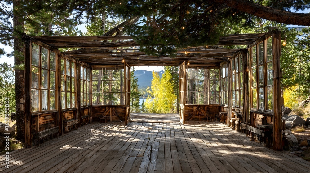 Fototapeta premium Rustic wooden structure with windows overlooking a scenic vista.