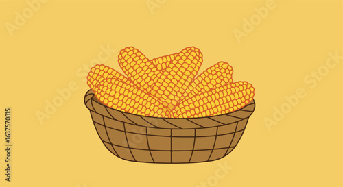 Corn in a basket on a plain, tan background for a farm or harvest theme
