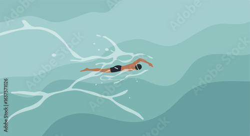 Swimmer in the pool. Water glistens with light. Swimmer propels through cool, blue water