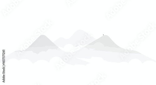 Mountains peek above clouds. Tiny hiker stands on peak. Light grayscale tones