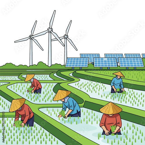 Farmers cultivate rice paddies alongside renewable energy sources; wind turbines and solar panels power sustainable agriculture.