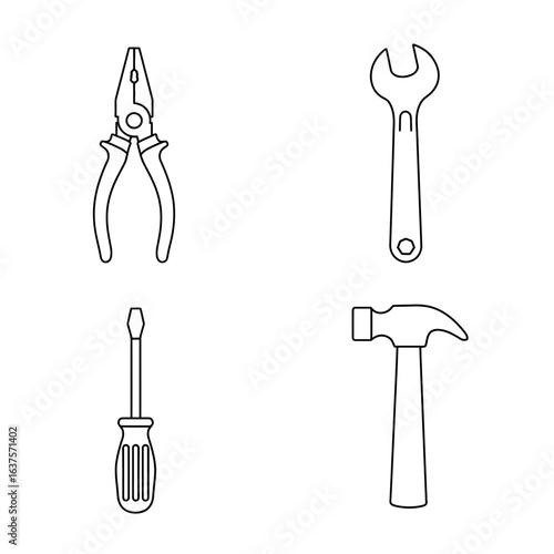 Set of hand tools including pliers, wrench, screwdriver, and hammer  