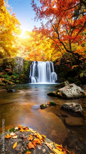 Serene waterfall cascading through vibrant autumn foliage