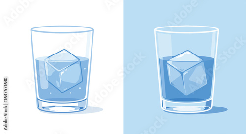 Two glasses, each with water and a big ice cube inside; simple illustration