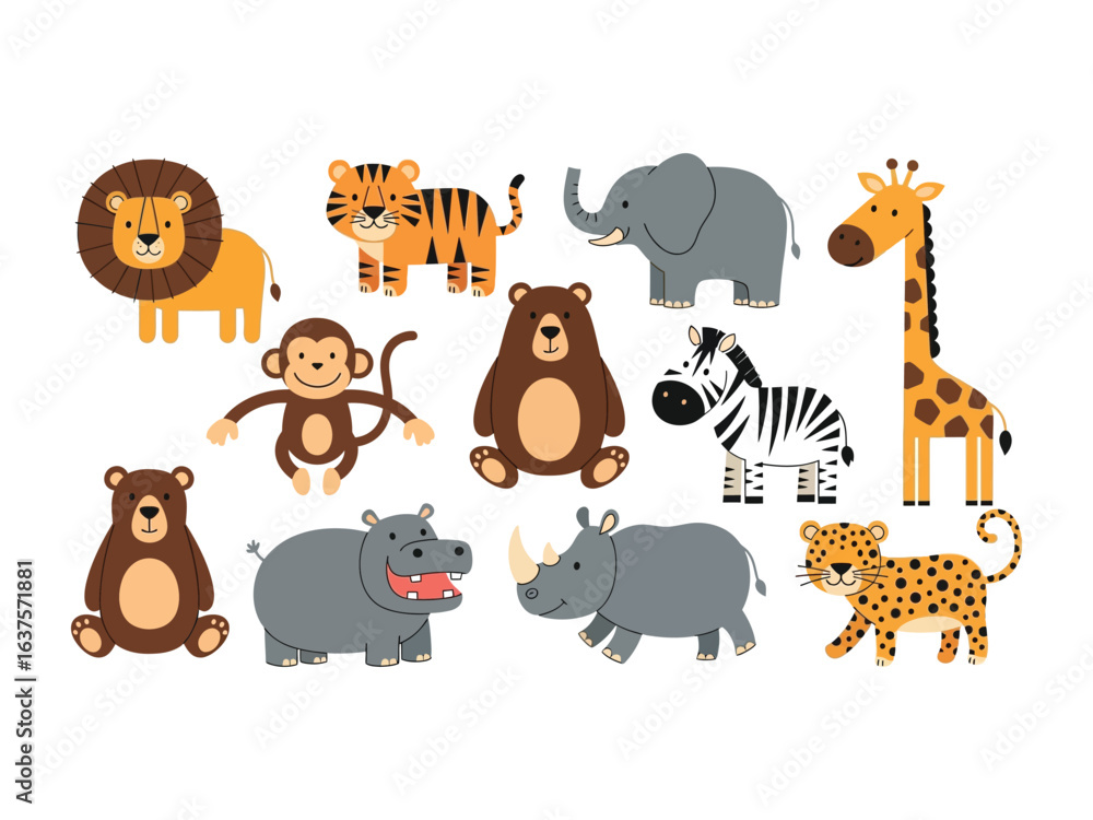 Obraz premium Jungle Animals illustration: A collection of friendly jungle animals brings a burst of playful charm. Featuring adorable lion, tiger, elephant, giraffe, monkey, bear, zebra, hippo, rhino, and leopard.