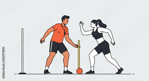 Coach giving instruction to an athlete, with a passing baton practice tool