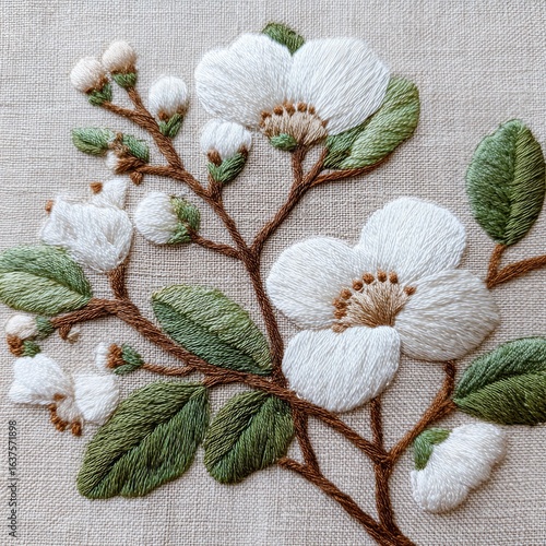 Detailed embroidery of white flowers and leaves on beige linen