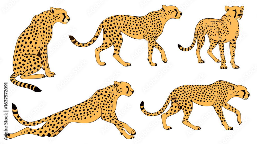 Obraz premium Five stylized cheetahs in various poses orange and blue.