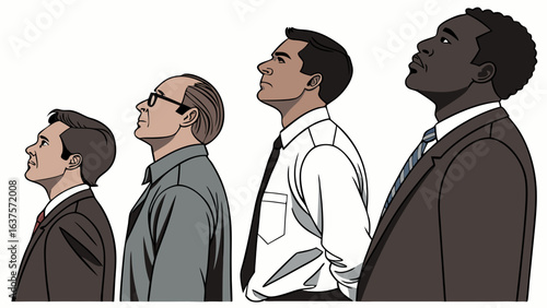 Four Businessmen in Profile View Looking Upward.