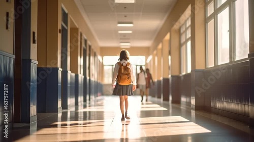 Girl walking school corridor
