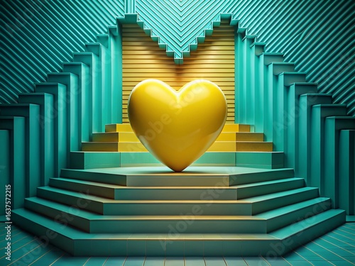 Radiant Yellow Heart: Surreal Teal Geometric Symmetry Stock Photo