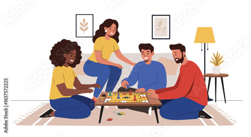 Friends are playing a board game together, smiling in a cozy living room setting