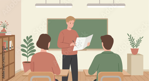 Classroom scene with teacher explaining diagrams to two students