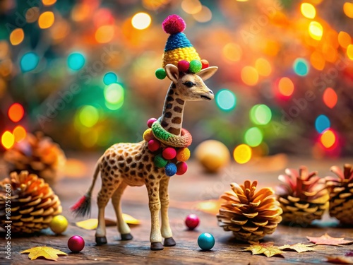 Whimsical Giraffe Figurine with Pom-Poms and Pinecones - Charming Autumn Scene