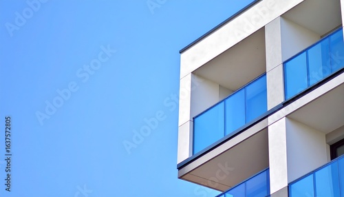 Modern building with blue glass balconies.
