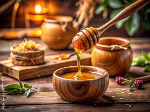 Golden Honey Flow: Rustic Wooden Spoon & Bowl, Cozy Autumnal Still Life