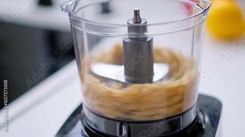 Smoothie Making: Dynamic Close-Up of Banana Blending in Food Processor