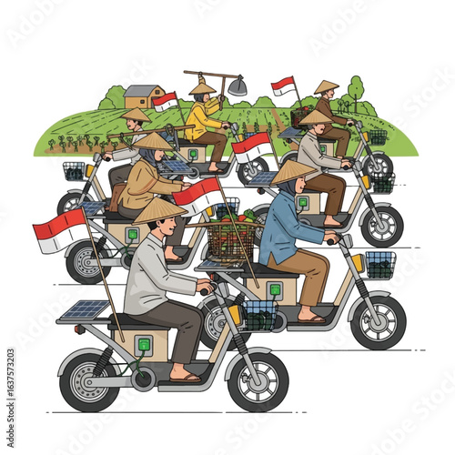 Indonesian farmers on solar-powered motorcycles, carrying produce, celebrate with flags.