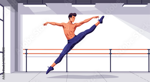 Dancer stretching in a studio with barre, white walls, and bright lighting above