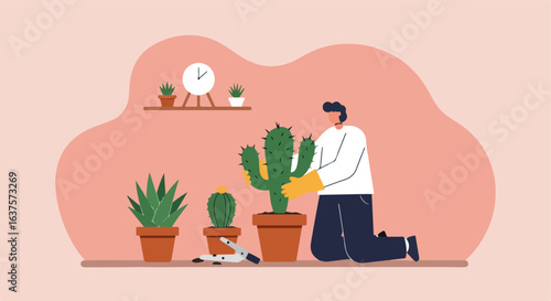 Person tending potted cacti, using gloves, on a pink background with clock shelf