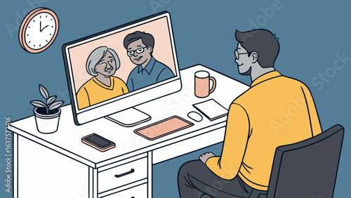 Man Video Conferencing with Elderly Parents on Computer.