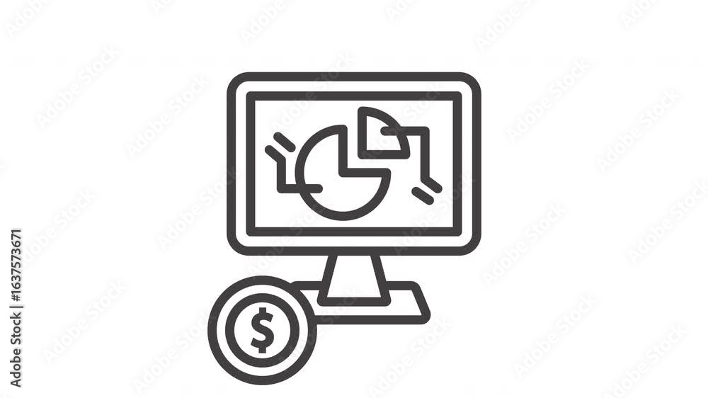 Animated line drawing of a computer screen showing a pie chart and a dollar coin. video Animated line drawing of a computer screen showing a pie chart and a dollar coin. video