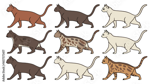 Nine stylized cats in various colors and patterns walking in profile.
