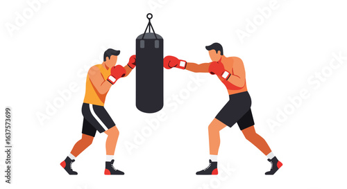 Two boxers are training with a punching bag, in red gloves, against a white background
