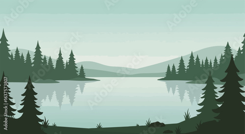 Forest Lake A flat illustration shows a misty lake with silhouetted trees & hillsides