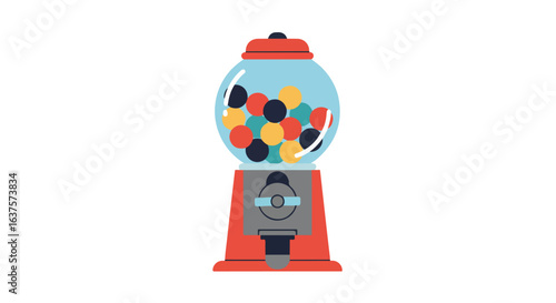 Candy dispenser filled with colored gumballs, red, grey, and blue, on white backdrop
