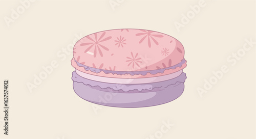 Stylized macaron with flower pattern on top layer in pastel colors on neutral background