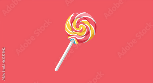 Swirled candy on a stick in pink, yellow, & white against a pink background