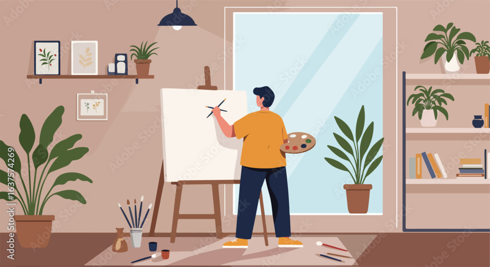 Fototapeta premium Painter creates art at his home studio, plants around, and a large window for natural light