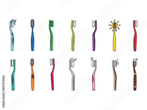 Set of Colorful Toothbrushes: A vibrant assortment of toothbrushes in various colors and designs, perfect for dental care, each ready to brighten your daily hygiene routine. 