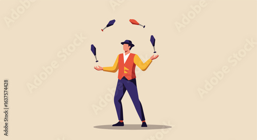 Juggler Man in hat, yellow sleeves, orange vest juggling 3 blue, red bowling pins