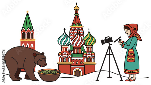 Russian Landmarks and Bear with Woman Taking Photos.