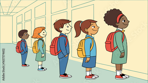 School Children in Line with Backpacks.