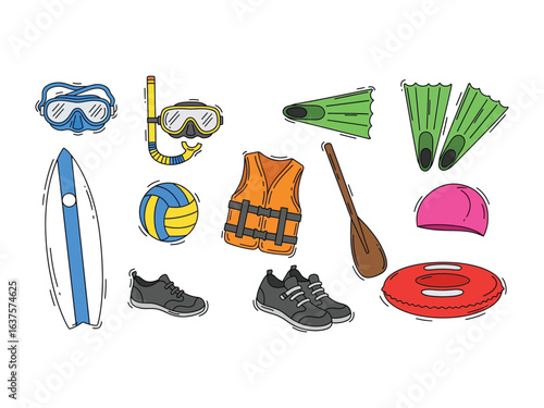 Summer Leisure Essentials: A vibrant, hand-drawn collection of summer leisure essentials is artfully arranged, each item a promise of fun and adventure. A celebration of the season's delights!