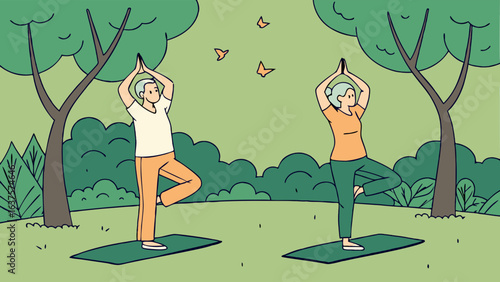 Senior Couple Practicing Yoga Tree Pose Outdoors.