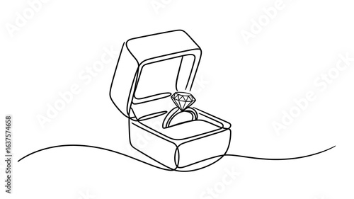 Engagement ring in box continuous line drawing vector illustration