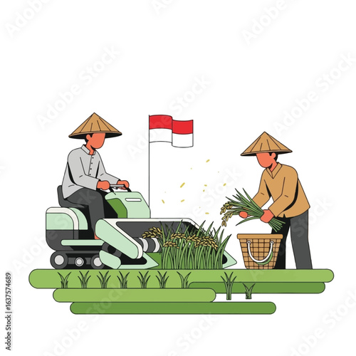 Two farmers harvesting rice in a field, one using a combine harvester, with the Indonesian flag in the background.