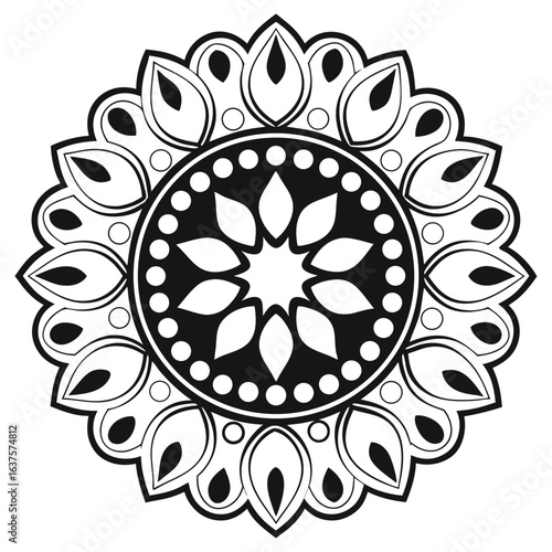 Elegant black and white geometric mandala illustration with floral and circular elements for intricate design projects.                               