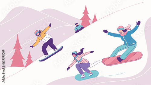 Snowboarders Enjoying Winter Sports on a Snowy Mountain Slope.