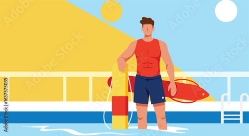 Pool lifeguard in water holds a safety float, summer scene with sun and poolside ladder