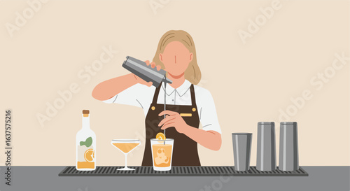 Bartender mixes cocktails with ice. Orange garnish, glasses, and liquor bottle present