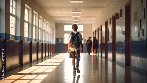 Student walking school corridor