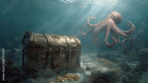 Octopus and underwater treasure chest