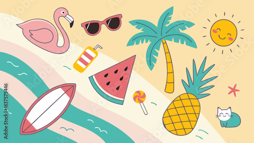 Summer Fun Flamingo Surfboard Pineapple and Beach Elements.