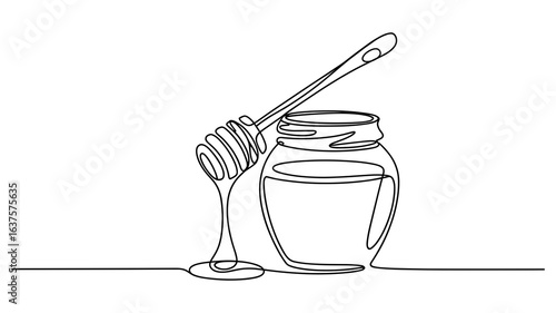 Honey jar with dipper continuous line drawing vector illustration